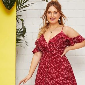 Ruffle Cold Shoulder Confetti Heart Print Dress